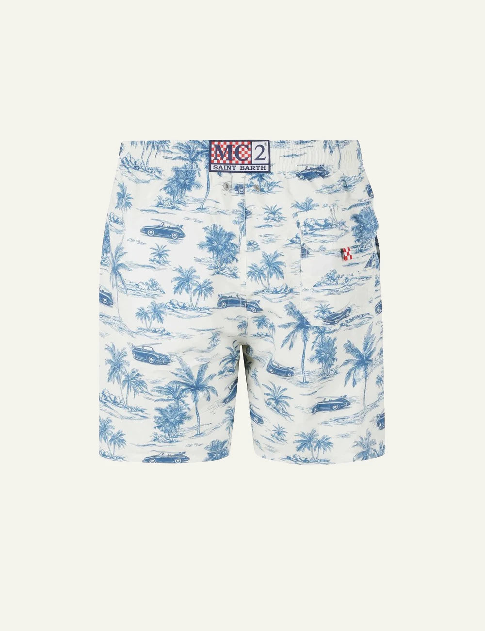 MC2 Saint Barth tropical car print swim shorts blue white back view