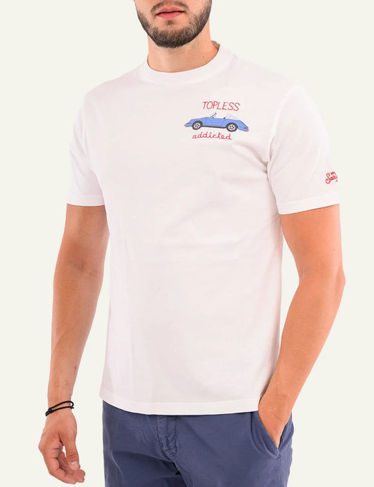 MC2 Saint Barth t-shirt white cotton topless addicted car print worn front model view