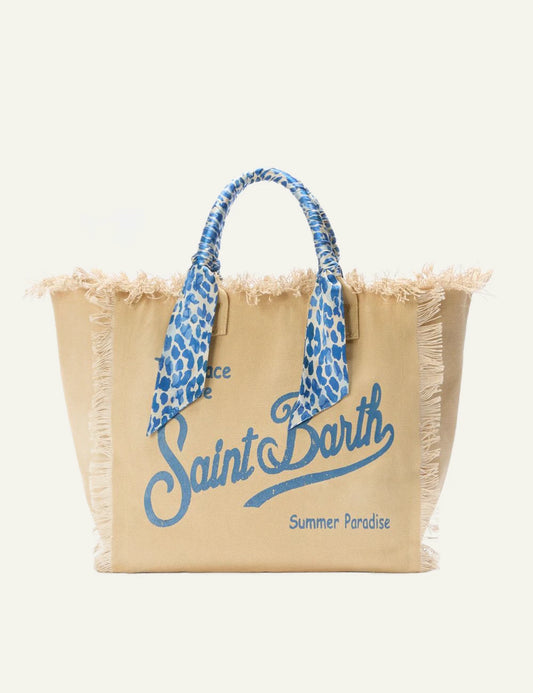 MC2 Saint Barth vanity bag beige canvas safari scarf handle logo front