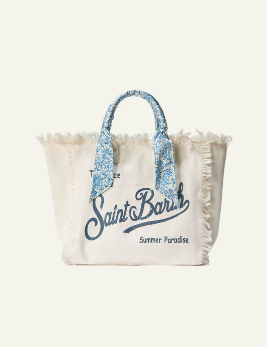 MC2 Saint Barth Vanity canvas bag ivory me blue scarf handles front view