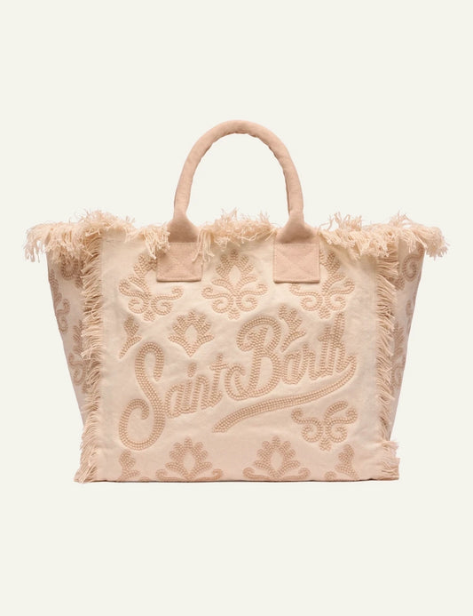 MC2 Saint Barth Vanity canvas tote bag beige embroidery front view