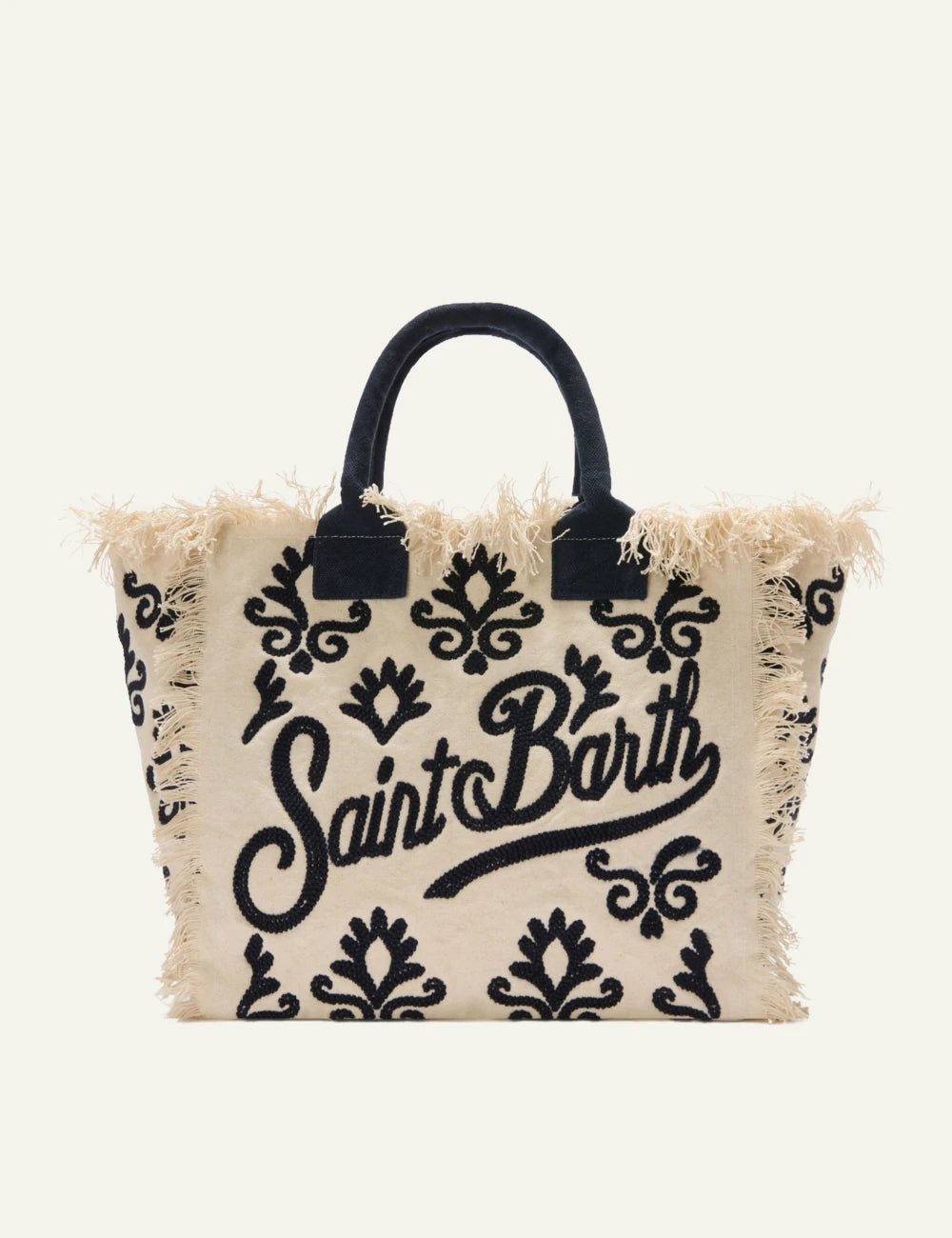 mc2 saint barth vanity tote white blue lily embroidery fringed logo front view