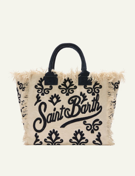 mc2 saint barth vanity tote white blue lily embroidery fringed logo front view