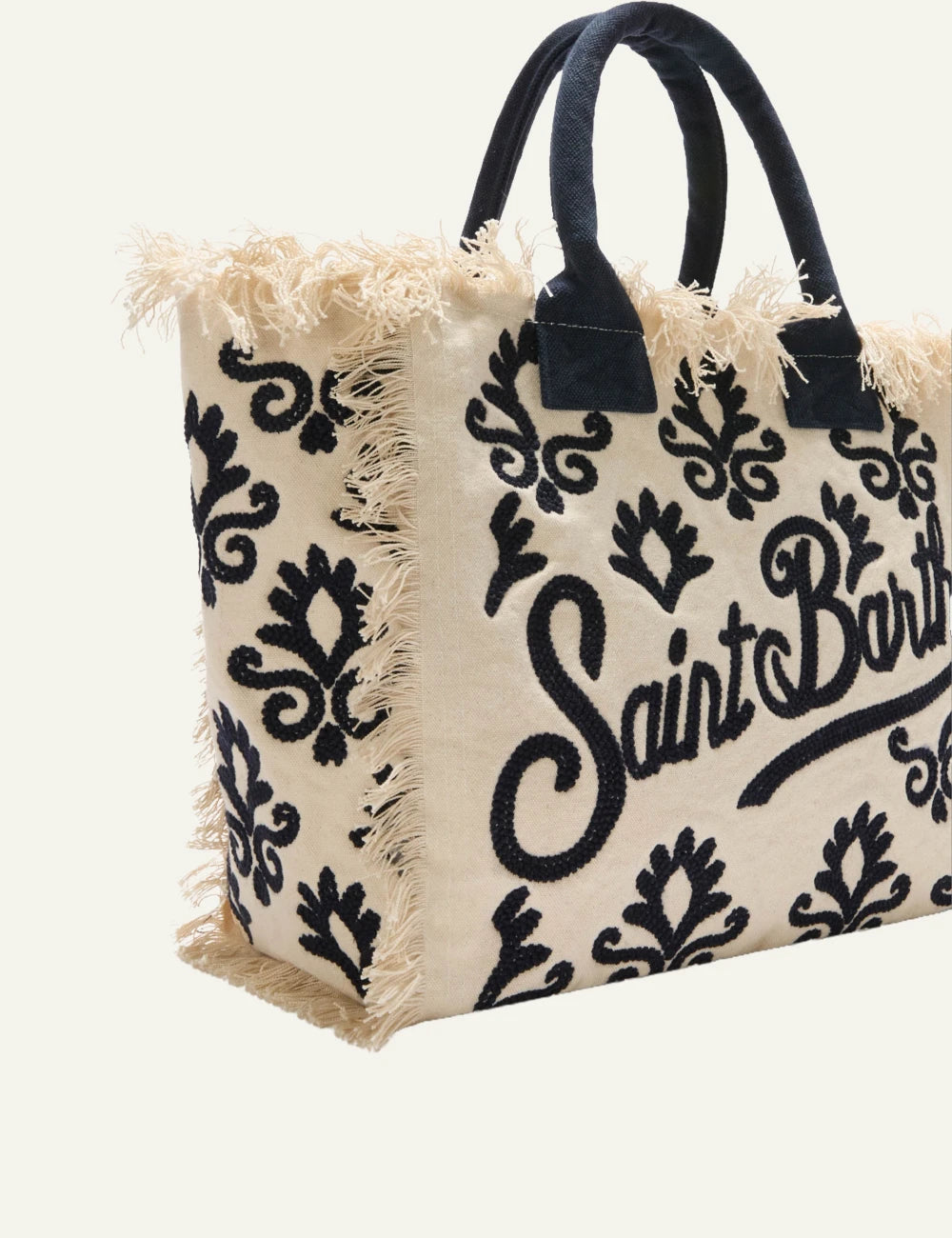 mc2 saint barth vanity tote white blue lily embroidery fringed logo side view