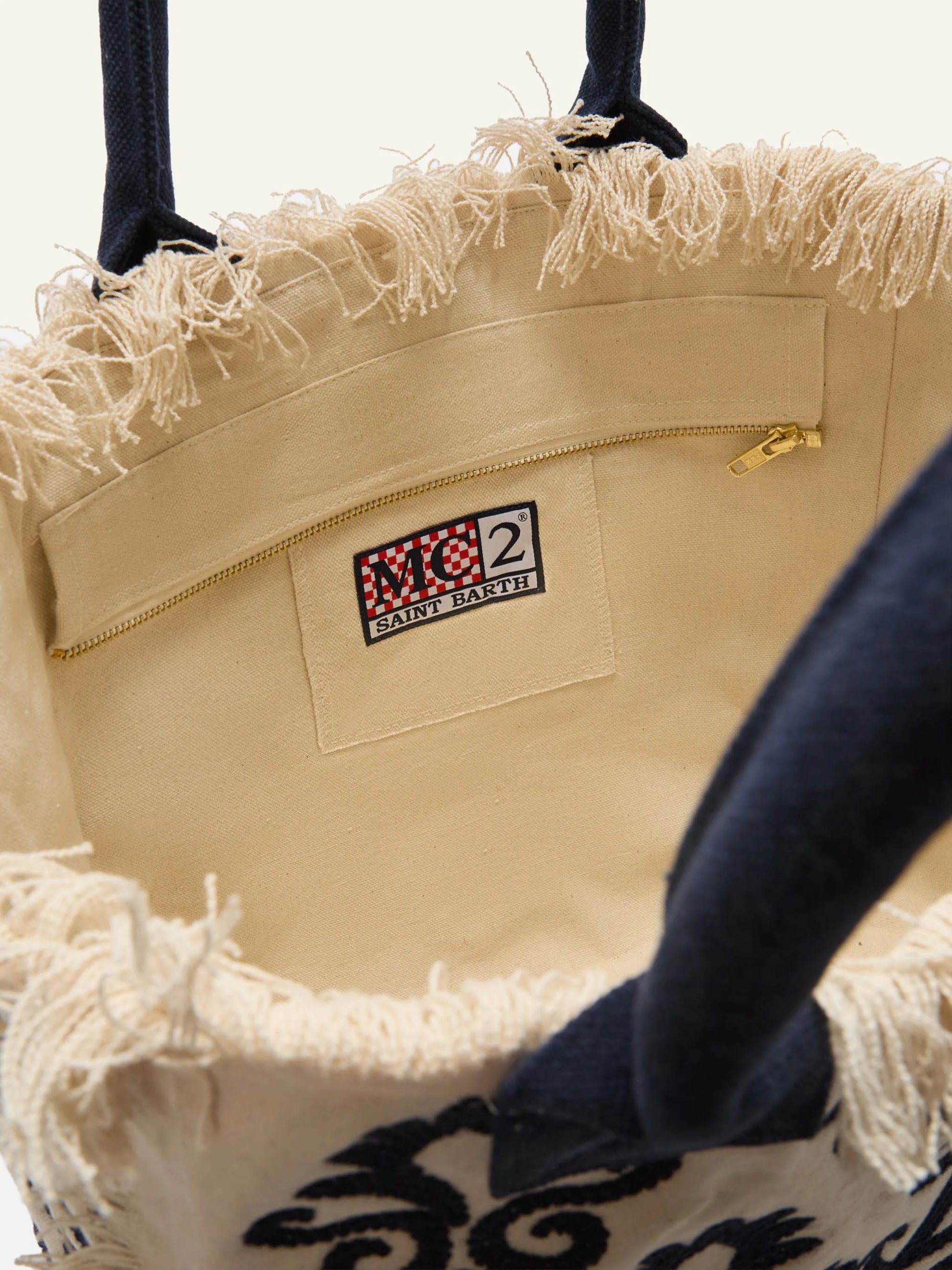 mc2 saint barth vanity tote white blue lily embroidery fringed logo top view