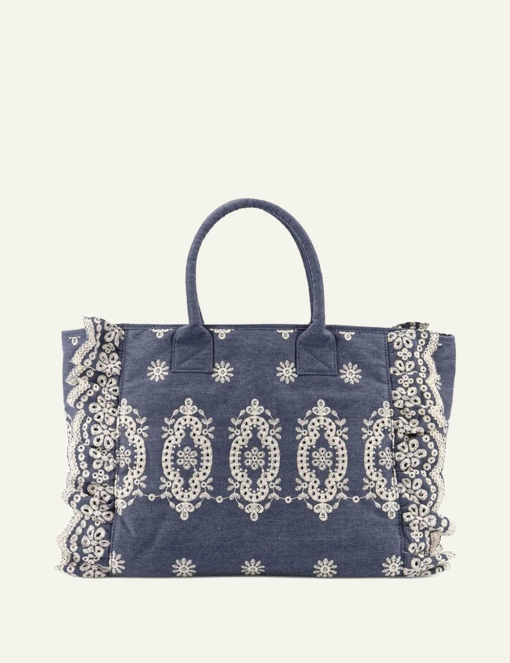 Mc2 Saint Barth Vanity denim broderie anglaise tote bag blue embroidery back view
