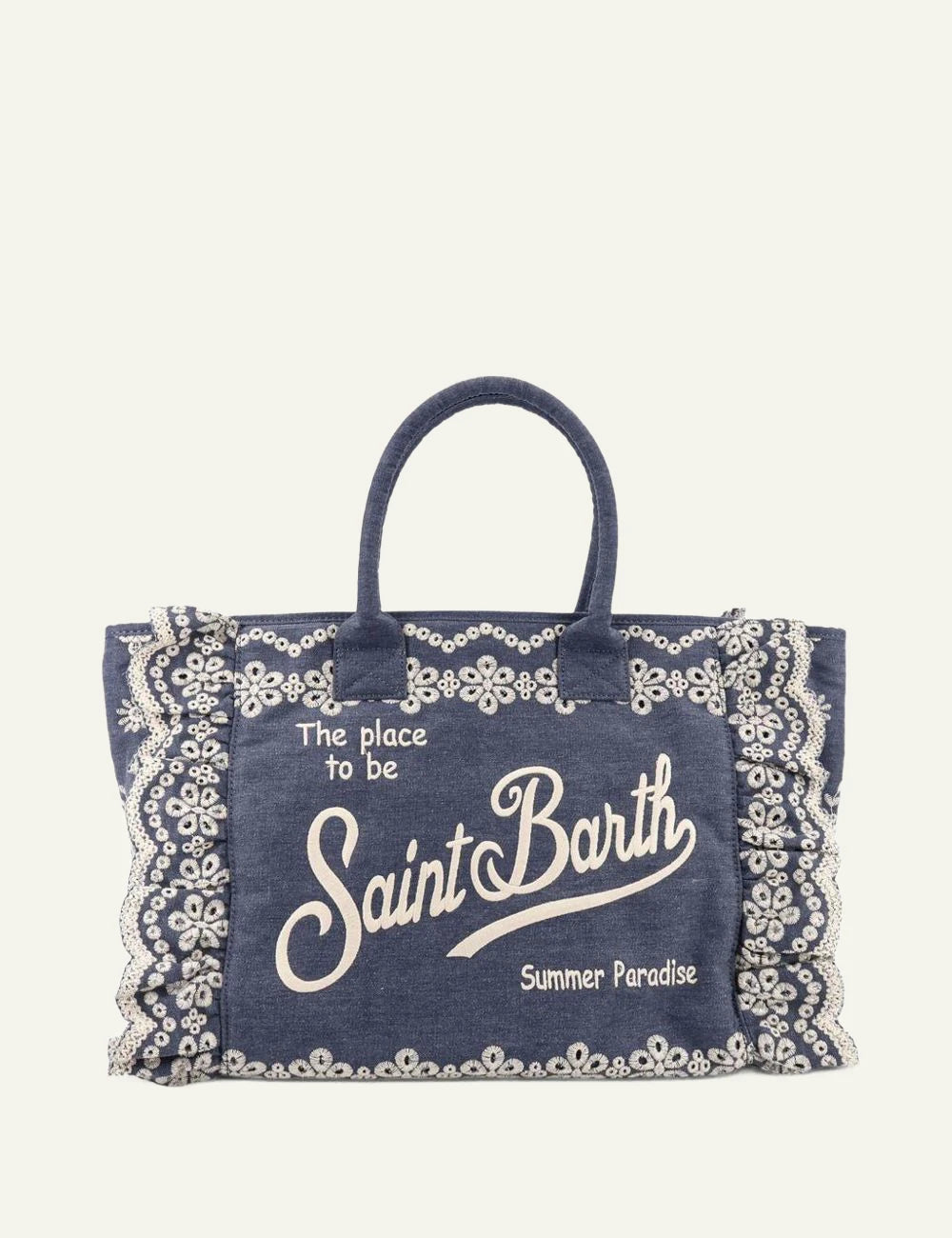 Mc2 Saint Barth Vanity denim broderie anglaise tote bag blue embroidery front view