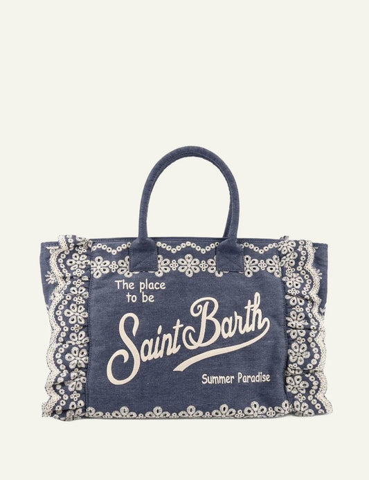 Mc2 Saint Barth Vanity denim broderie anglaise tote bag blue embroidery front view