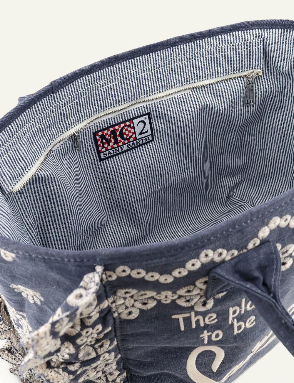 Mc2 Saint Barth Vanity denim broderie anglaise tote bag blue embroidery top view