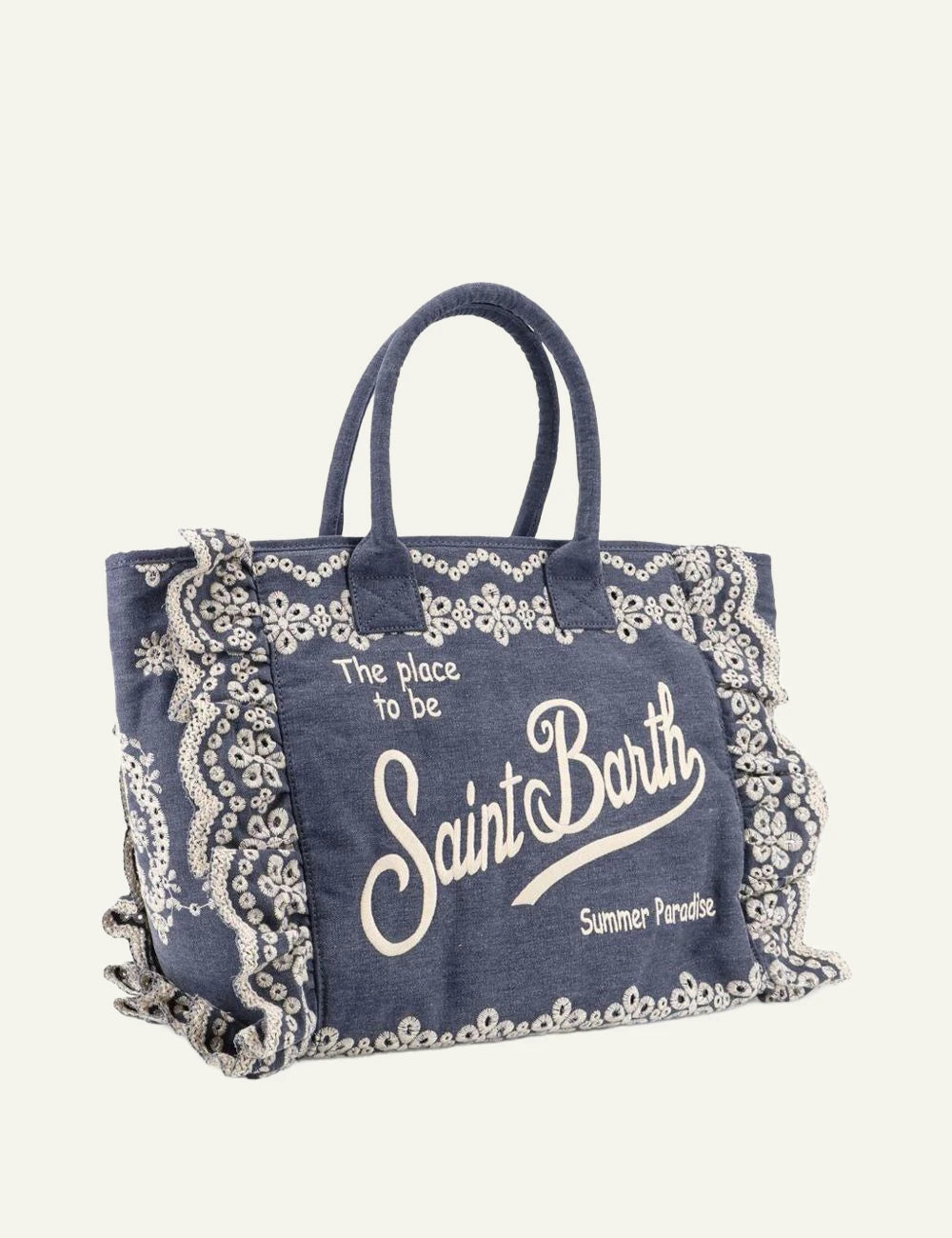Mc2 Saint Barth Vanity denim broderie anglaise tote bag blue embroidery side view