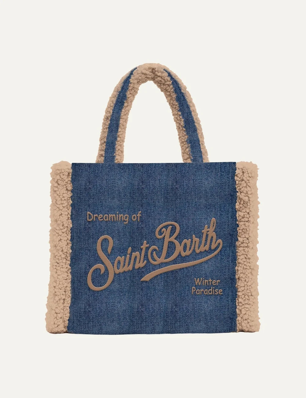 Mc2 Saint Barth Vanity Mini blue denim tote bag with beige faux shearling trim, matching handles and Saint Barth front logo