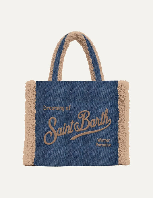 Mc2 Saint Barth Vanity Mini blue denim tote bag with beige faux shearling trim, matching handles and Saint Barth front logo