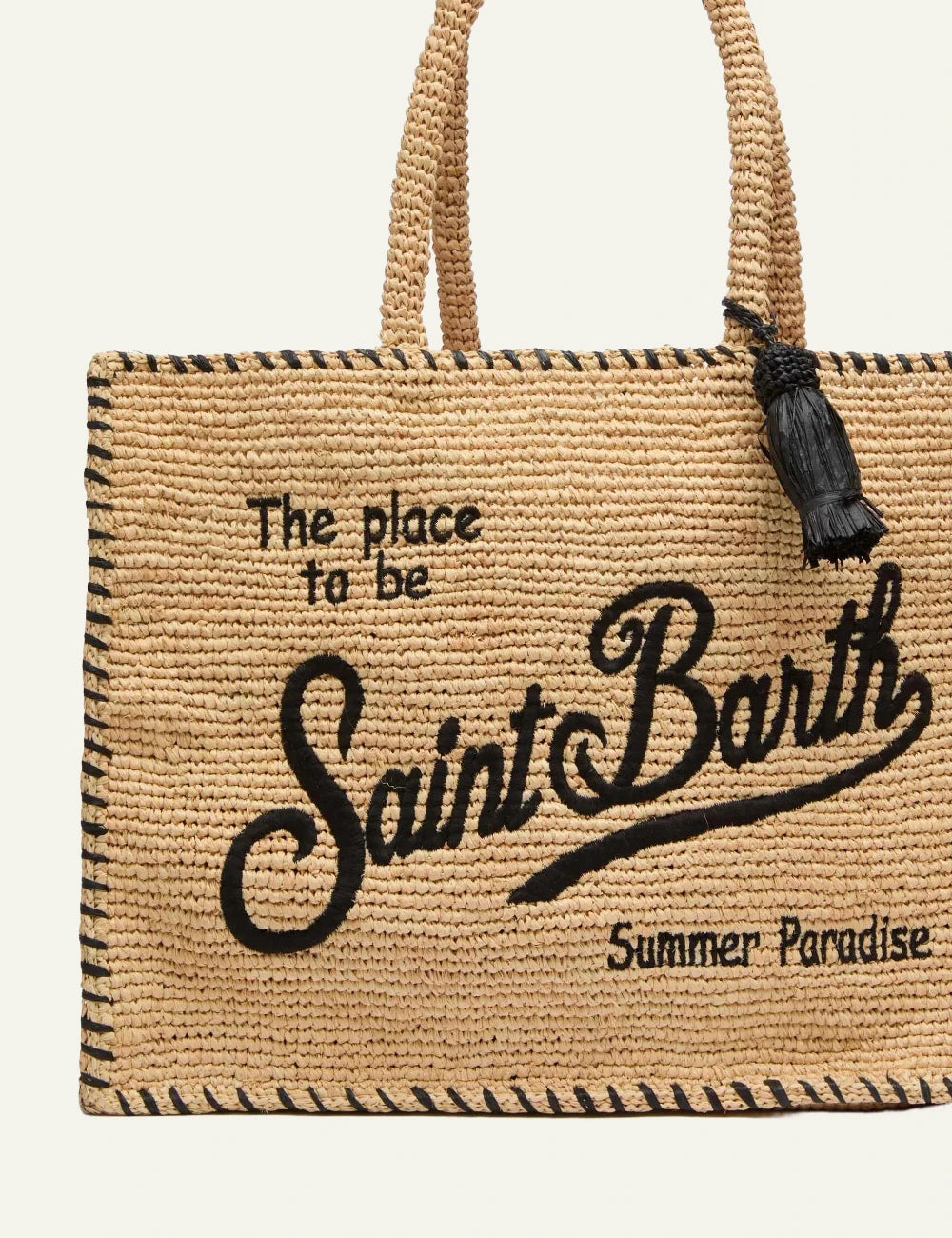 mc2 saint barth vanity raffia tote beige black embroidery tassel detail front view