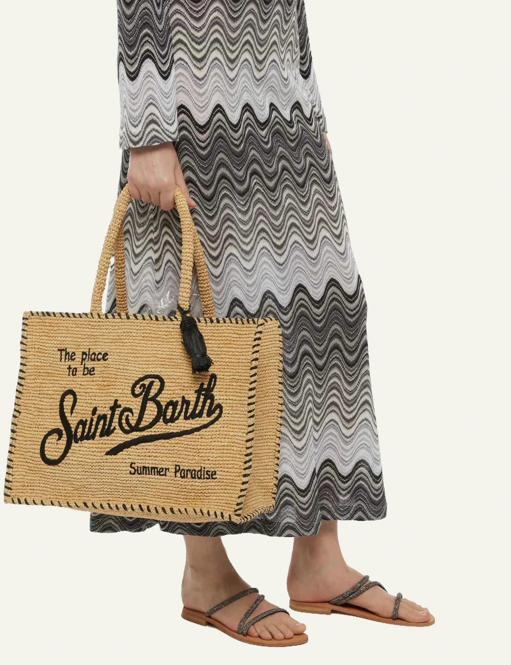 mc2 saint barth vanity raffia tote beige black embroidery tassel detail front model view