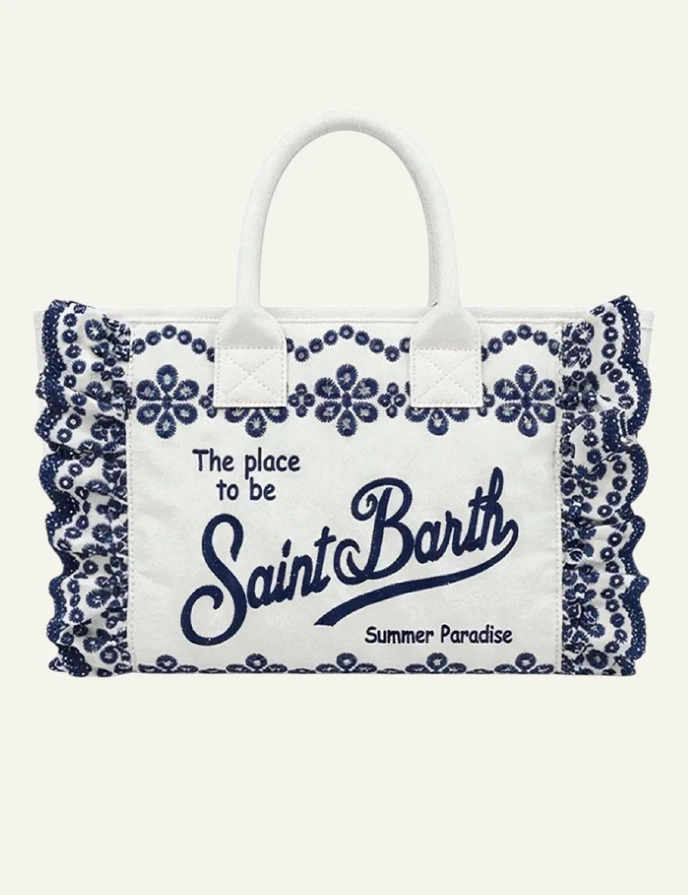 Mc2 Saint Barth Vanity sangallo cotton tote bag white blue embroidery front view