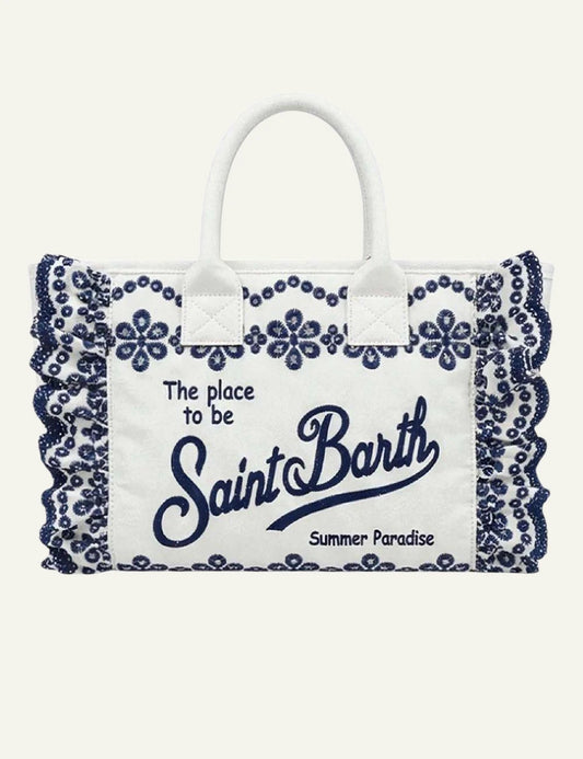 Mc2 Saint Barth Vanity sangallo cotton tote bag white blue embroidery front view