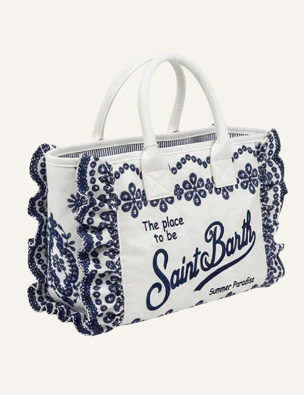 Mc2 Saint Barth Vanity sangallo cotton tote bag white blue embroidery side view