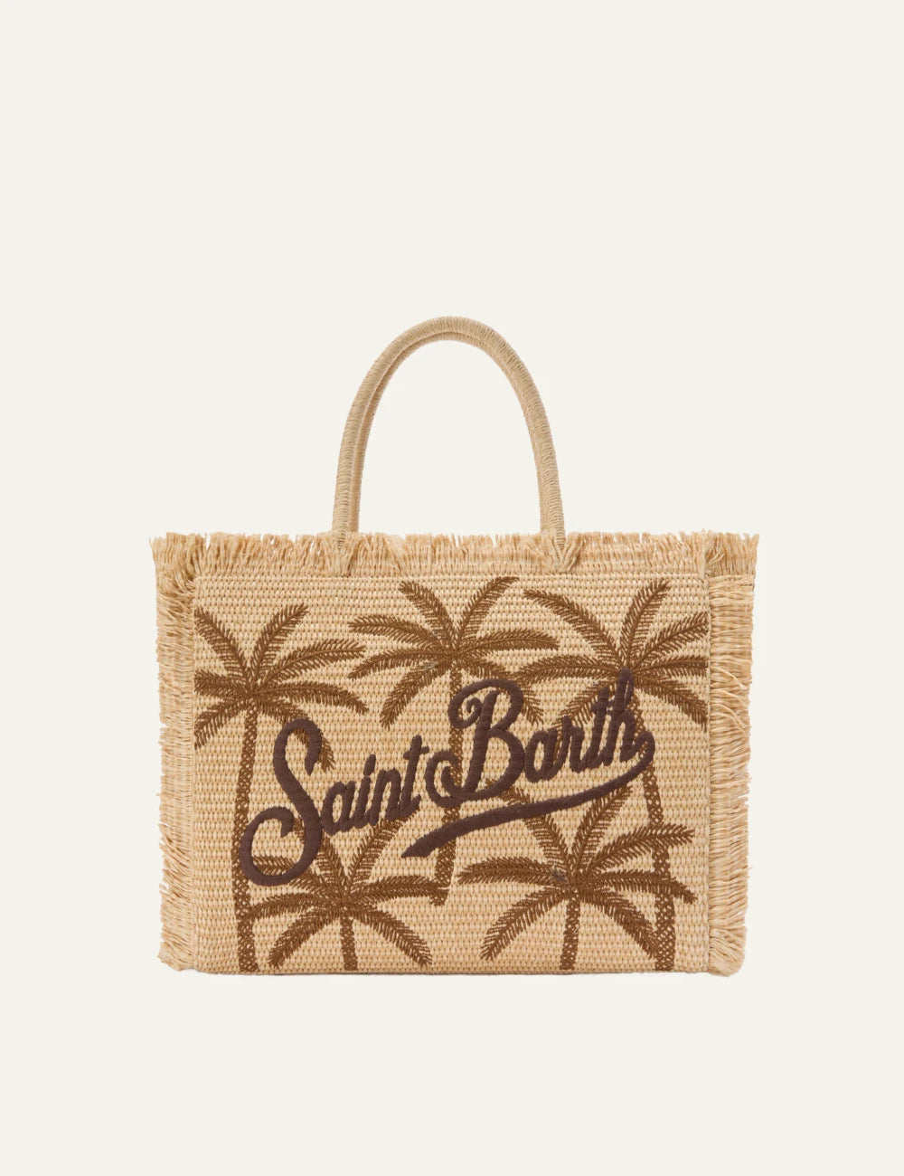 mc2 saint barth vanity straw tote beige palm embroidery fringed logo front view