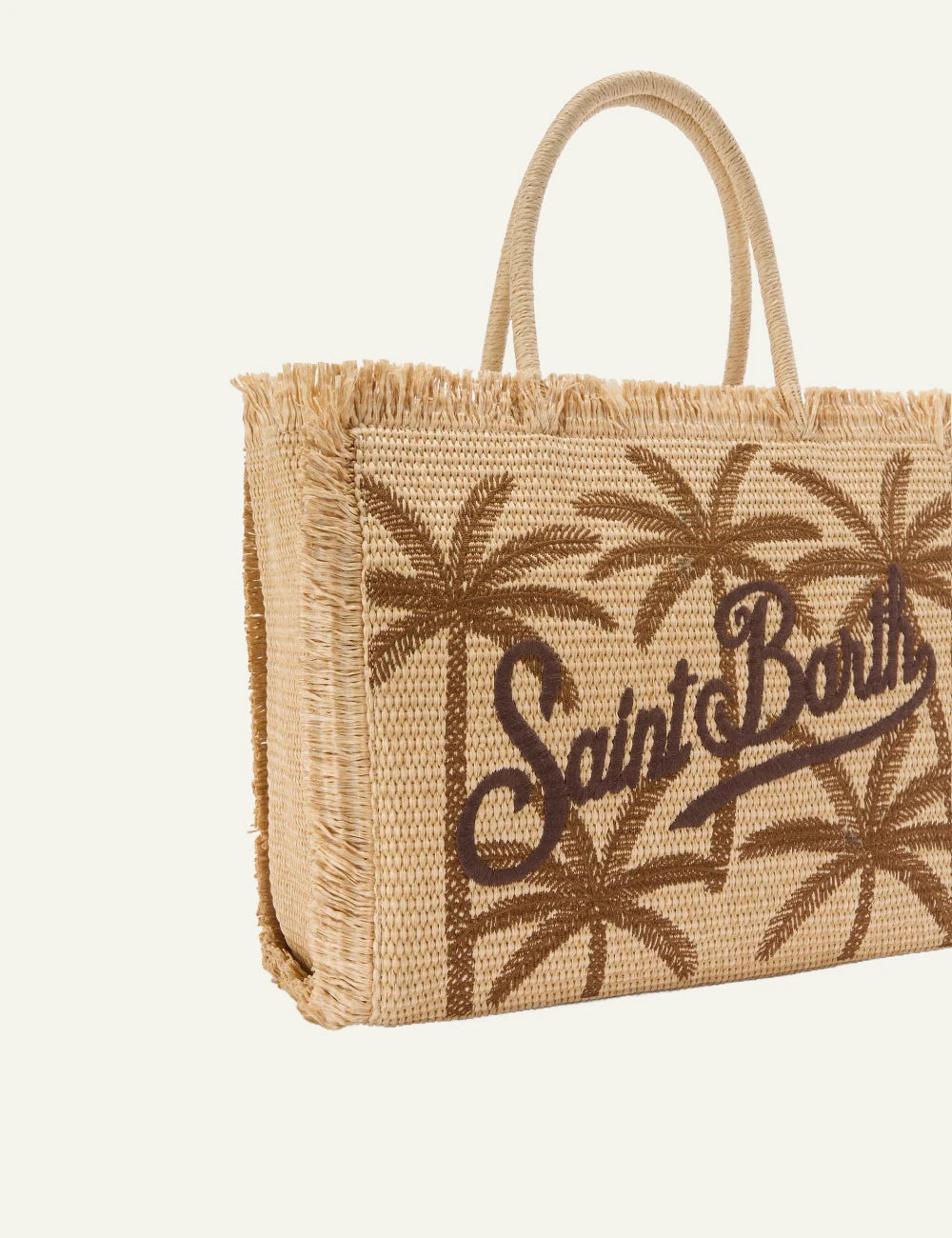 mc2 saint barth vanity straw tote beige palm embroidery fringed logo side view