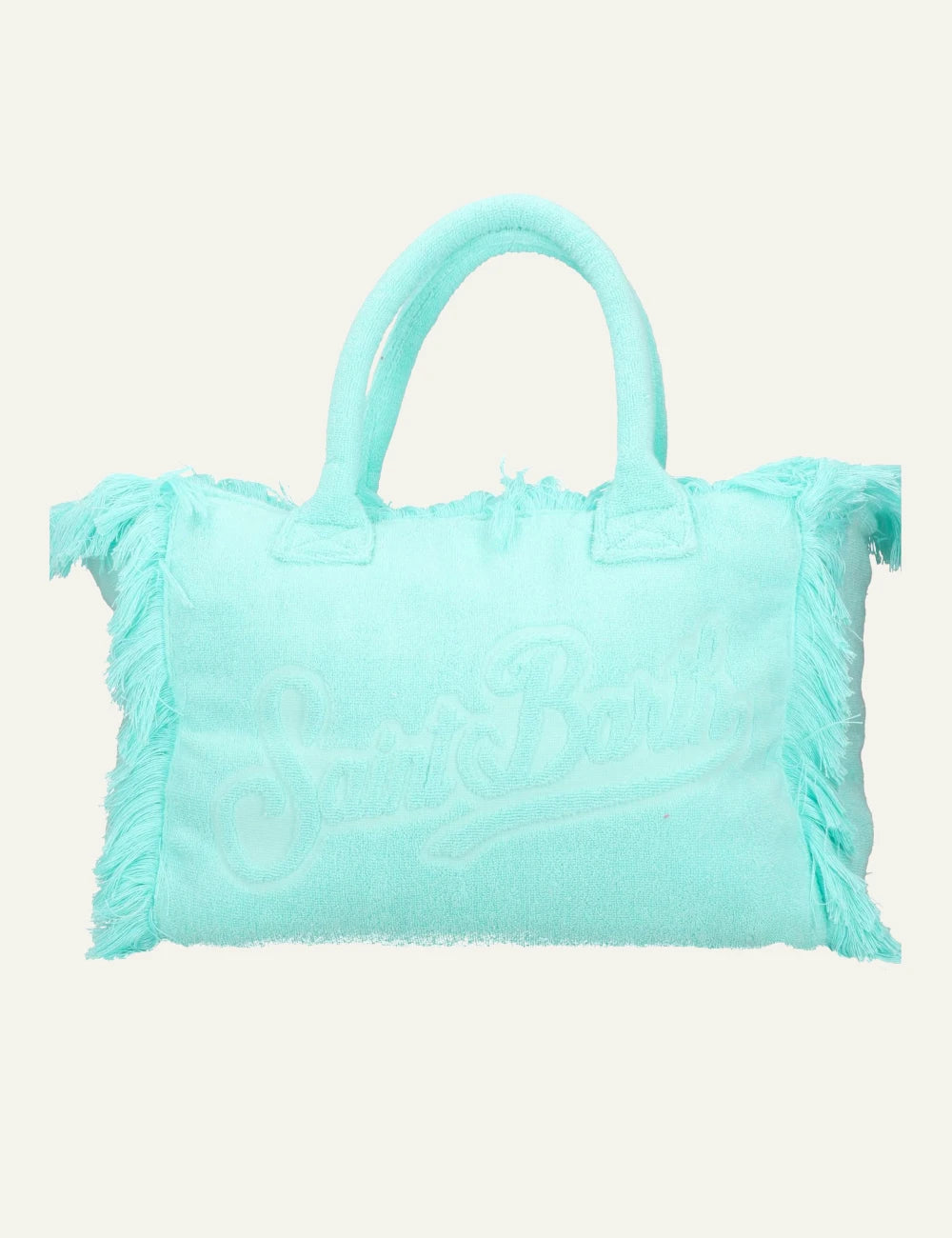 mc2 saint barth vanity terry tote aqua fringed embossed logo front view