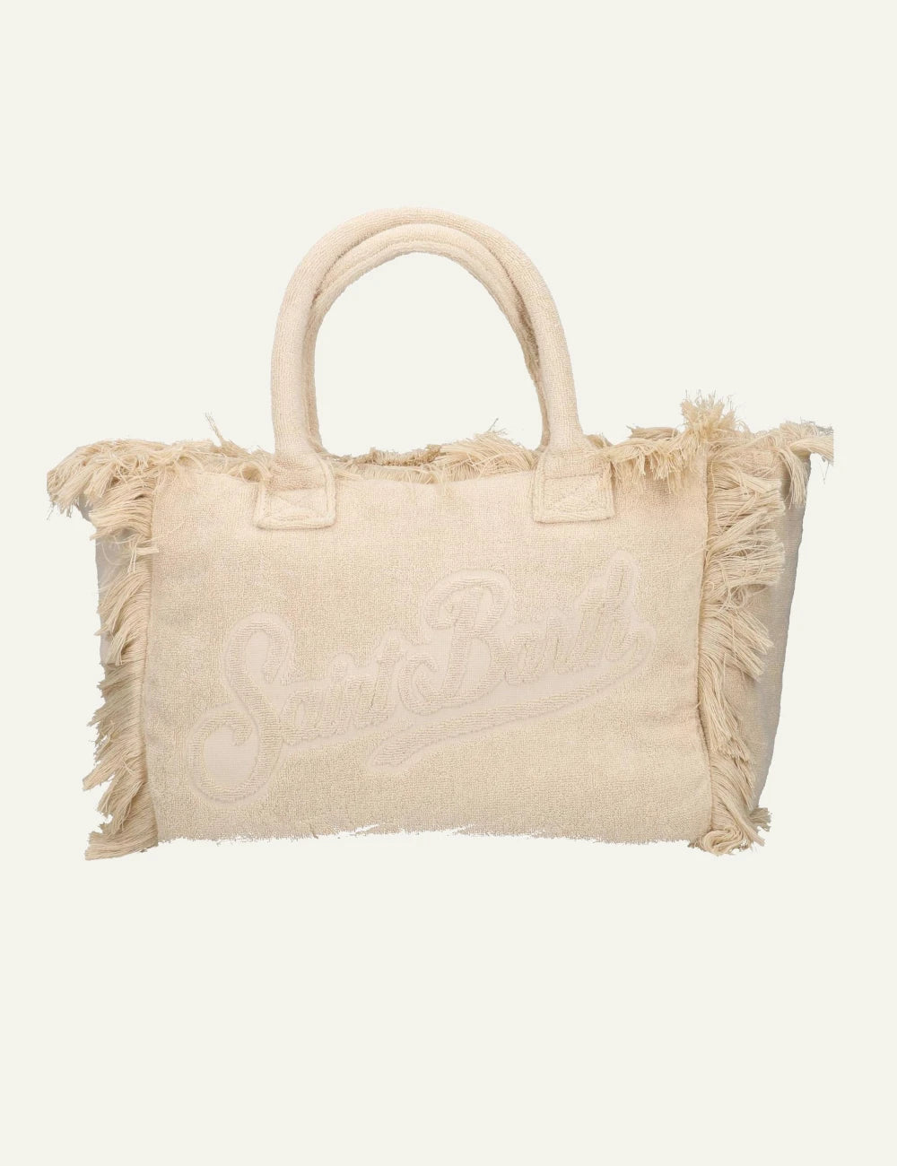 mc2 saint barth vanity terry tote beige fringed embossed logo front view
