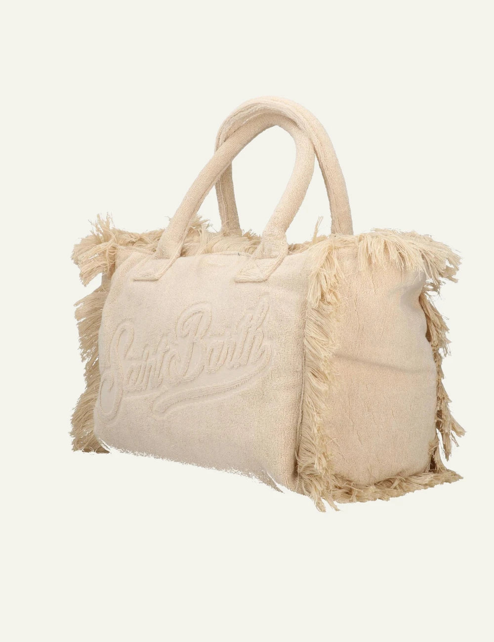 mc2 saint barth vanity terry tote beige fringed embossed logo side view