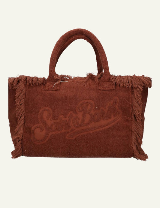 mc2 saint barth vanity terry tote brown fringed embossed logo front view