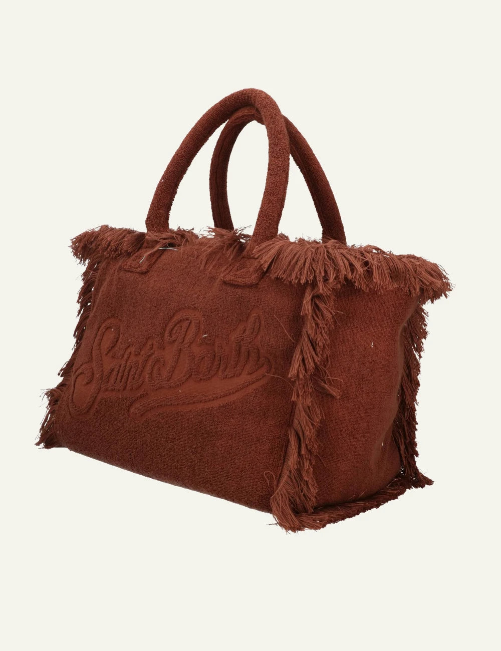 mc2 saint barth vanity terry tote brown fringed embossed logo side view