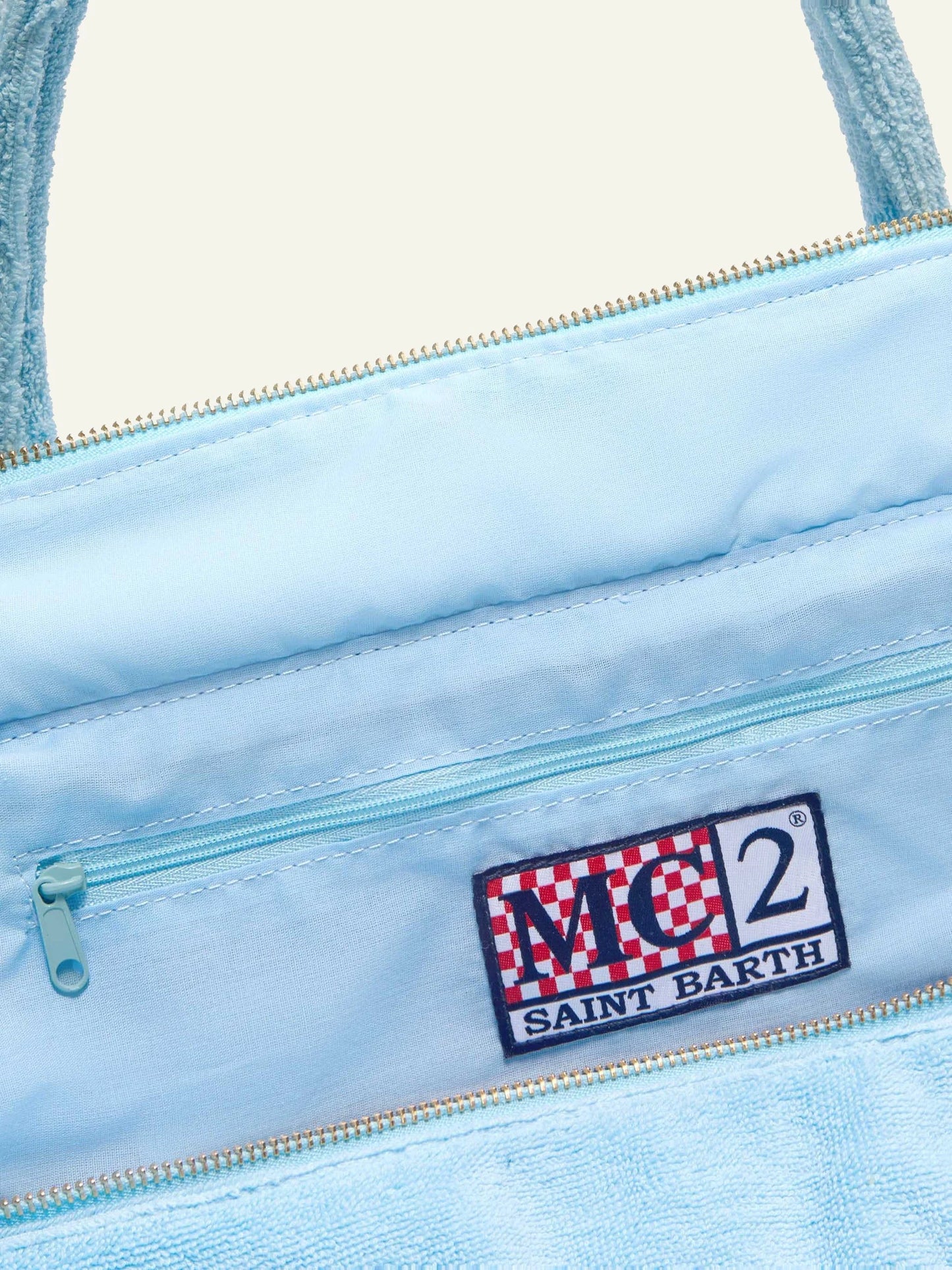 mc2 saint barth vanity terry tote light blue fringed logo top view