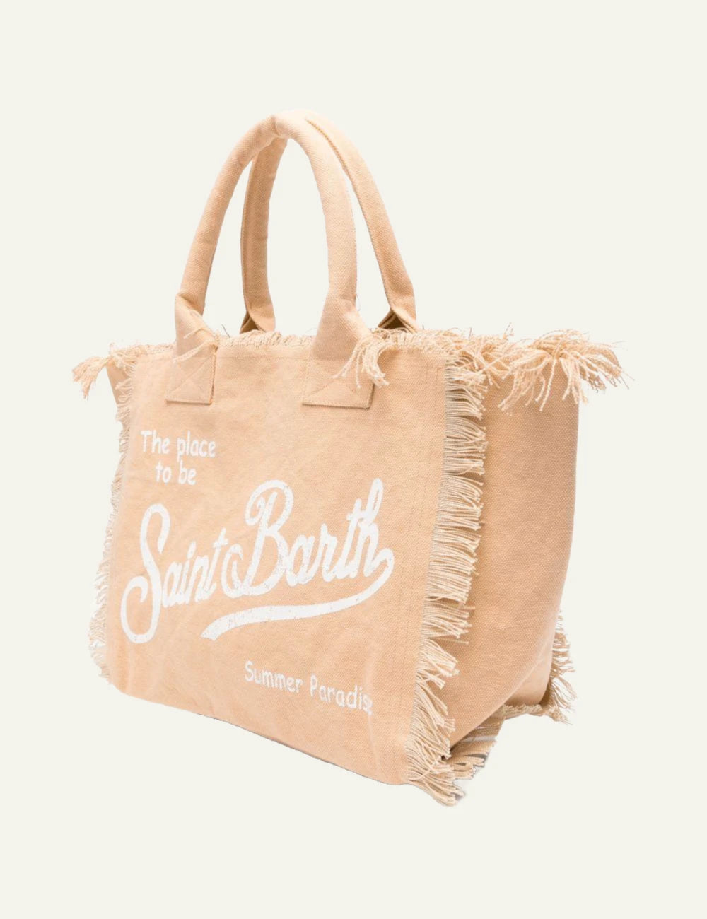 mc2 saint barth vanity tote beige canvas fringed logo side view