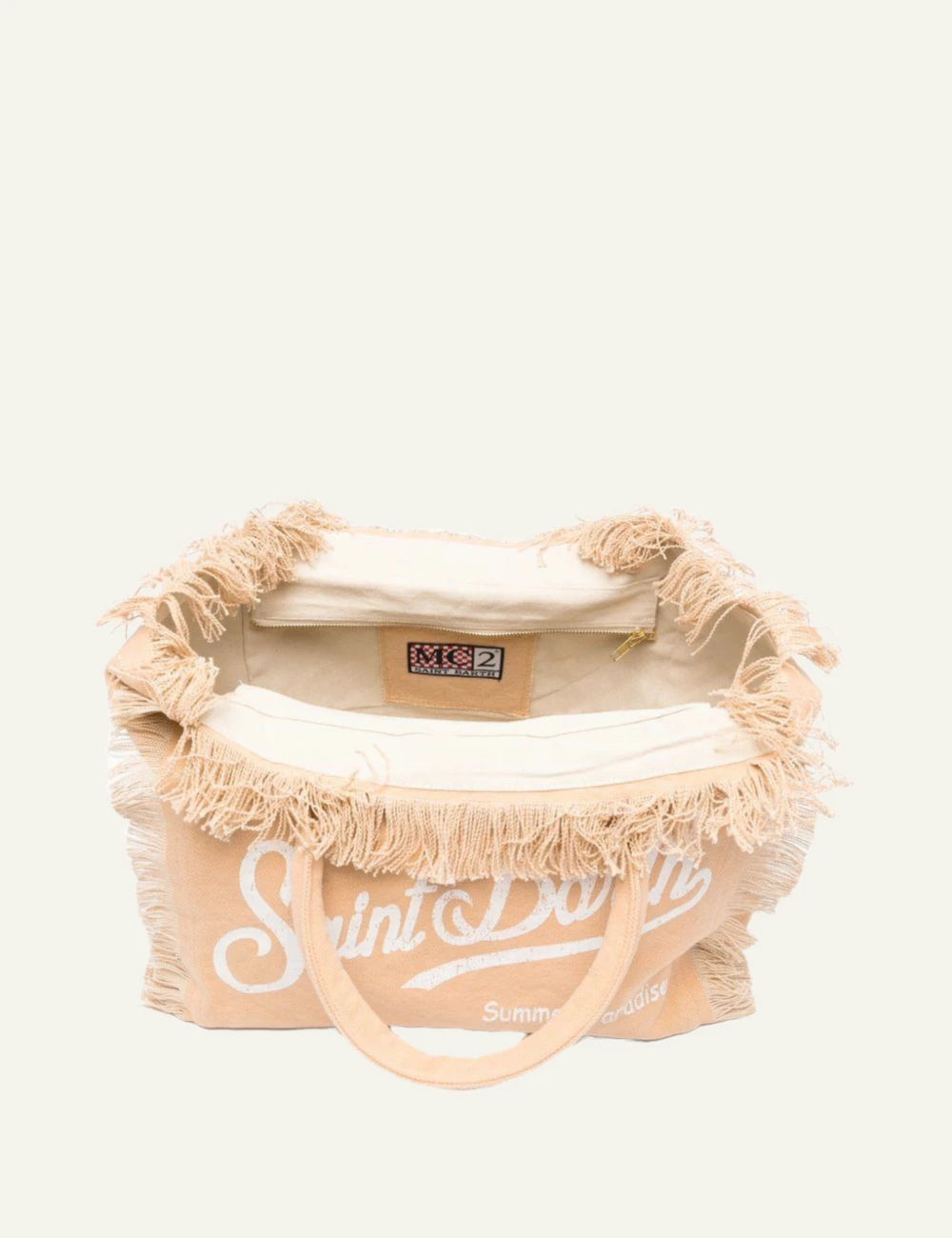 mc2 saint barth vanity tote beige canvas fringed logo top view