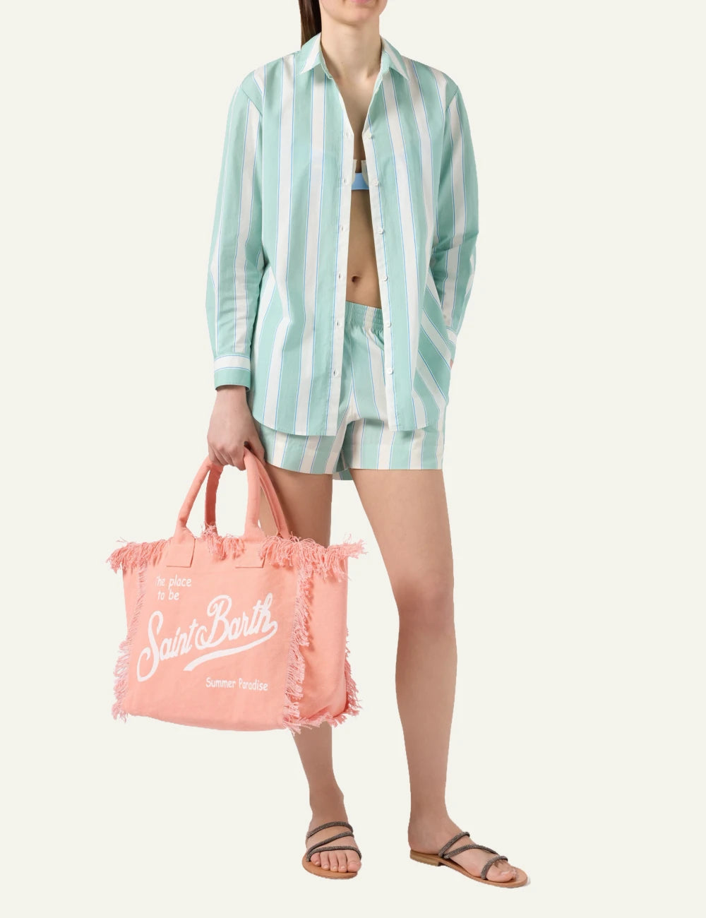 mc2 saint barth vanity tote coral canvas fringed logo front full body view