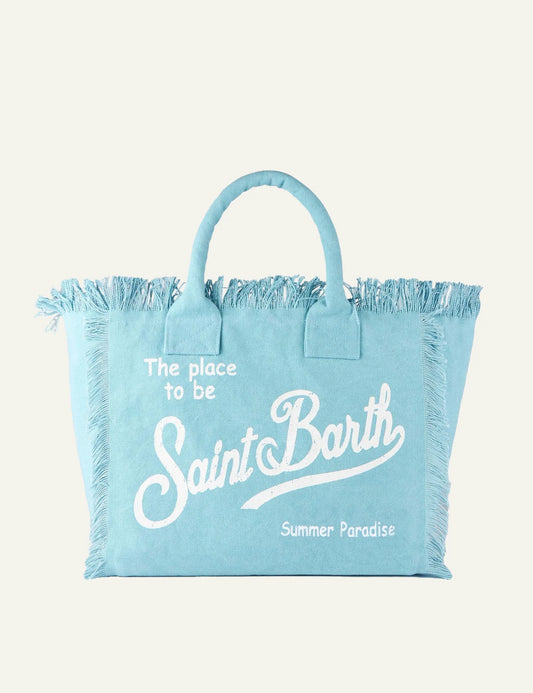 mc2 saint barth vanity tote light blue canvas fringed logo front view