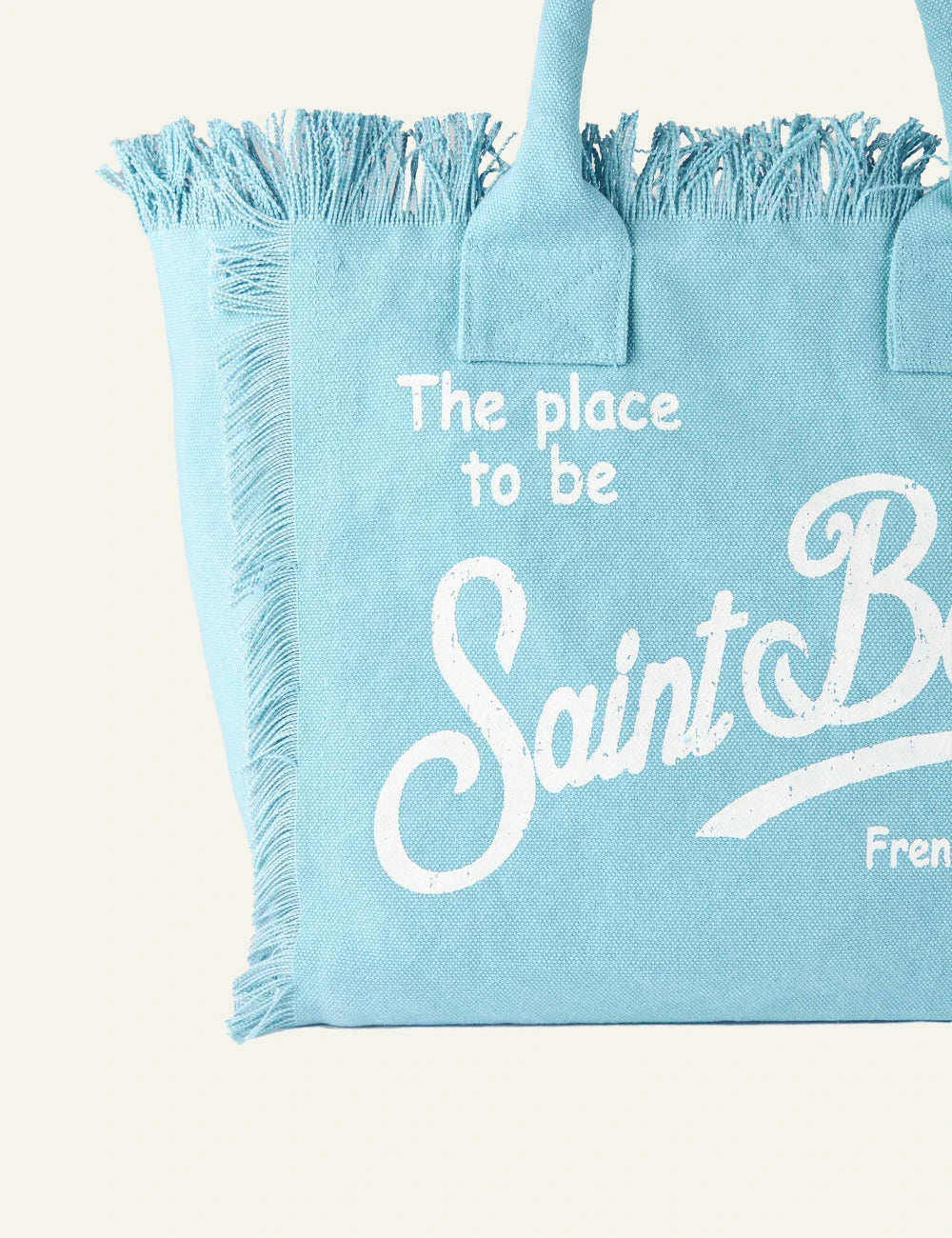 mc2 saint barth vanity tote light blue canvas fringed logo front detail view