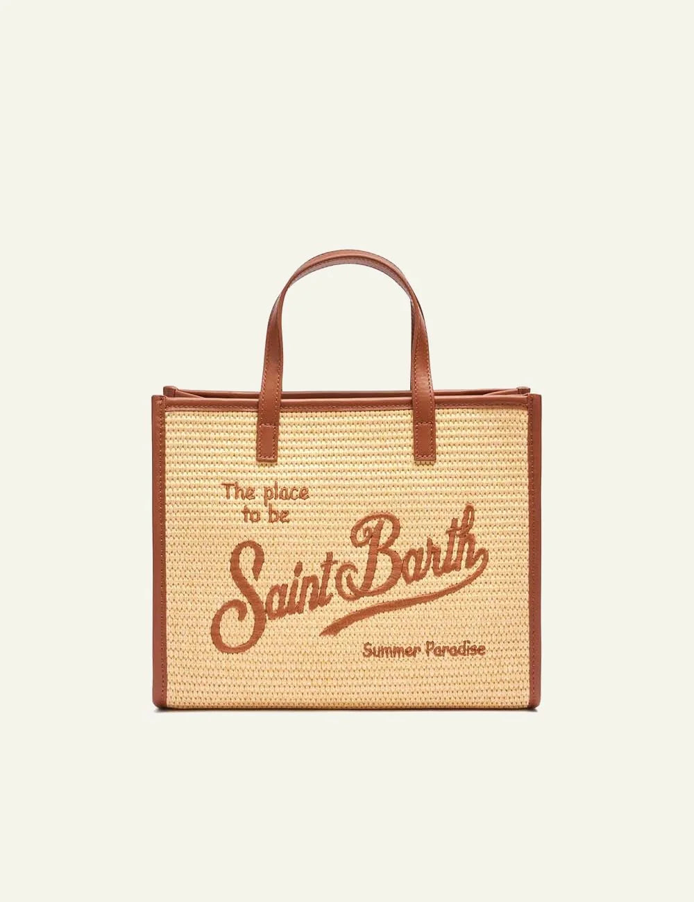 mc2 saint barth vivian medium straw tote beige brown logo structured front view