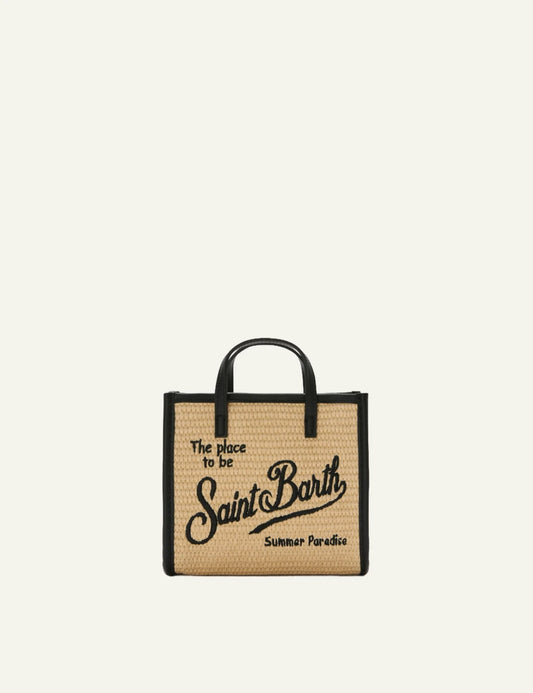 mc2 saint barth vivian mini straw bag beige black logo contrast trim front view