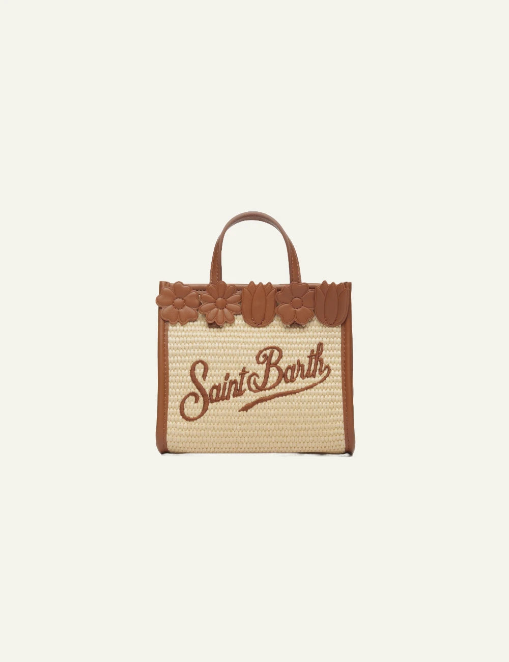 mc2 saint barth vivian mini straw bag beige brown floral top detail logo front view