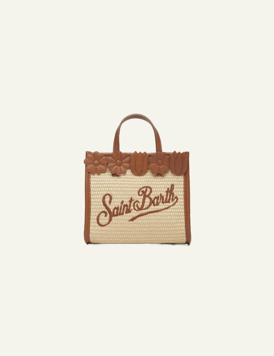 mc2 saint barth vivian mini straw bag beige brown floral top detail logo front view