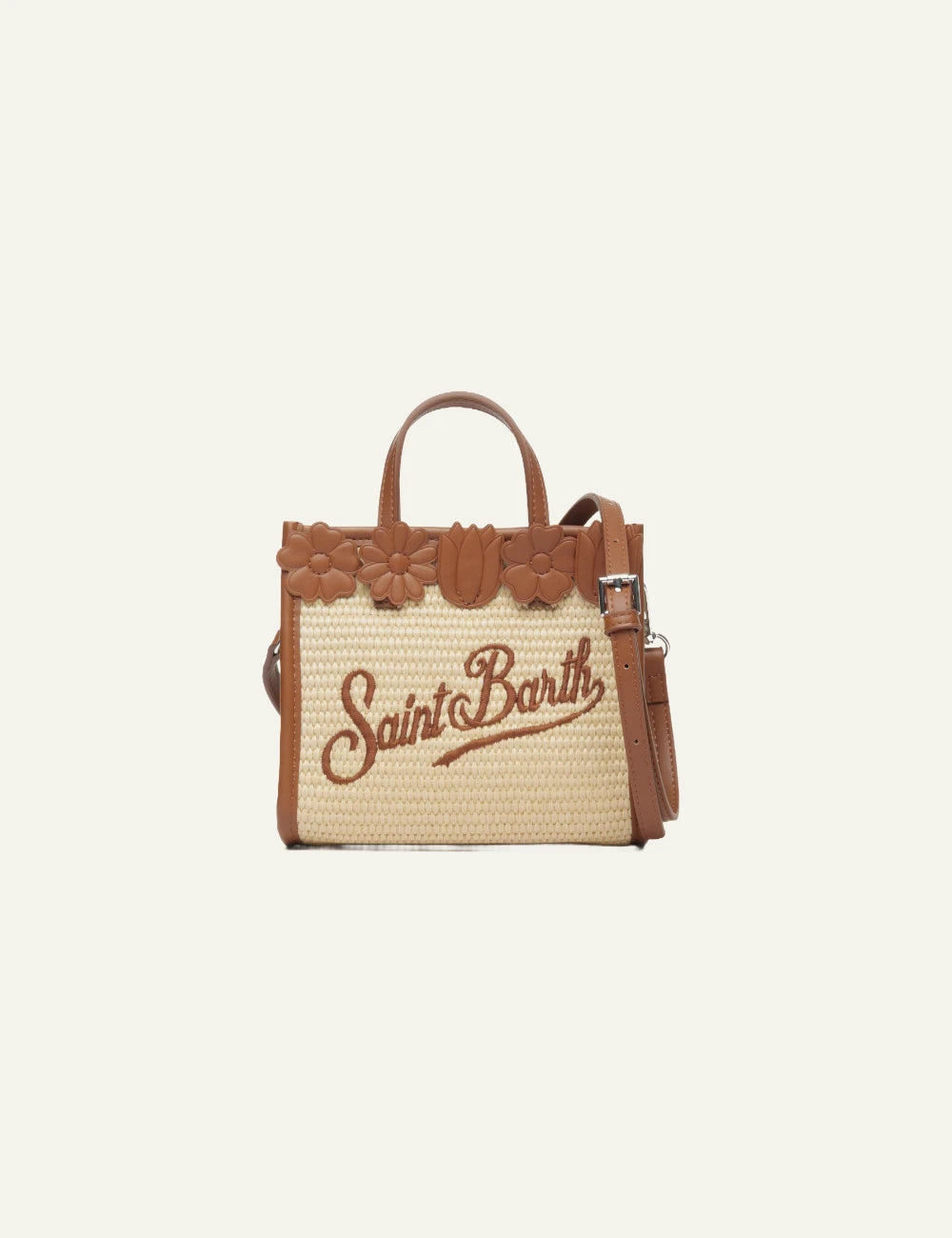 mc2 saint barth vivian mini straw bag beige brown floral top detail logo front detail view