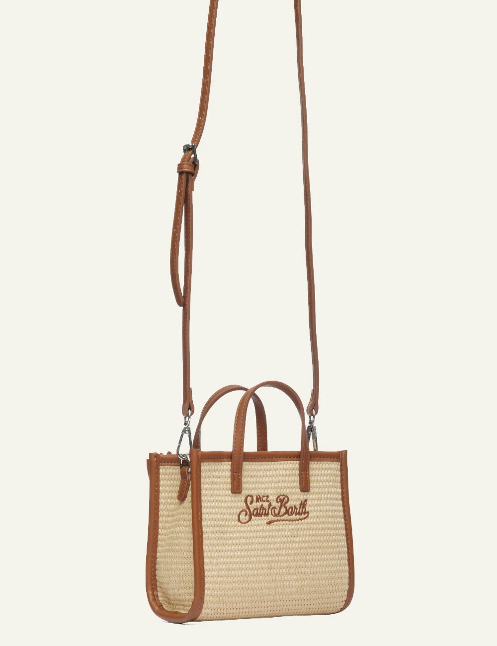 mc2 saint barth vivian mini straw bag beige brown floral top detail logo back detail view