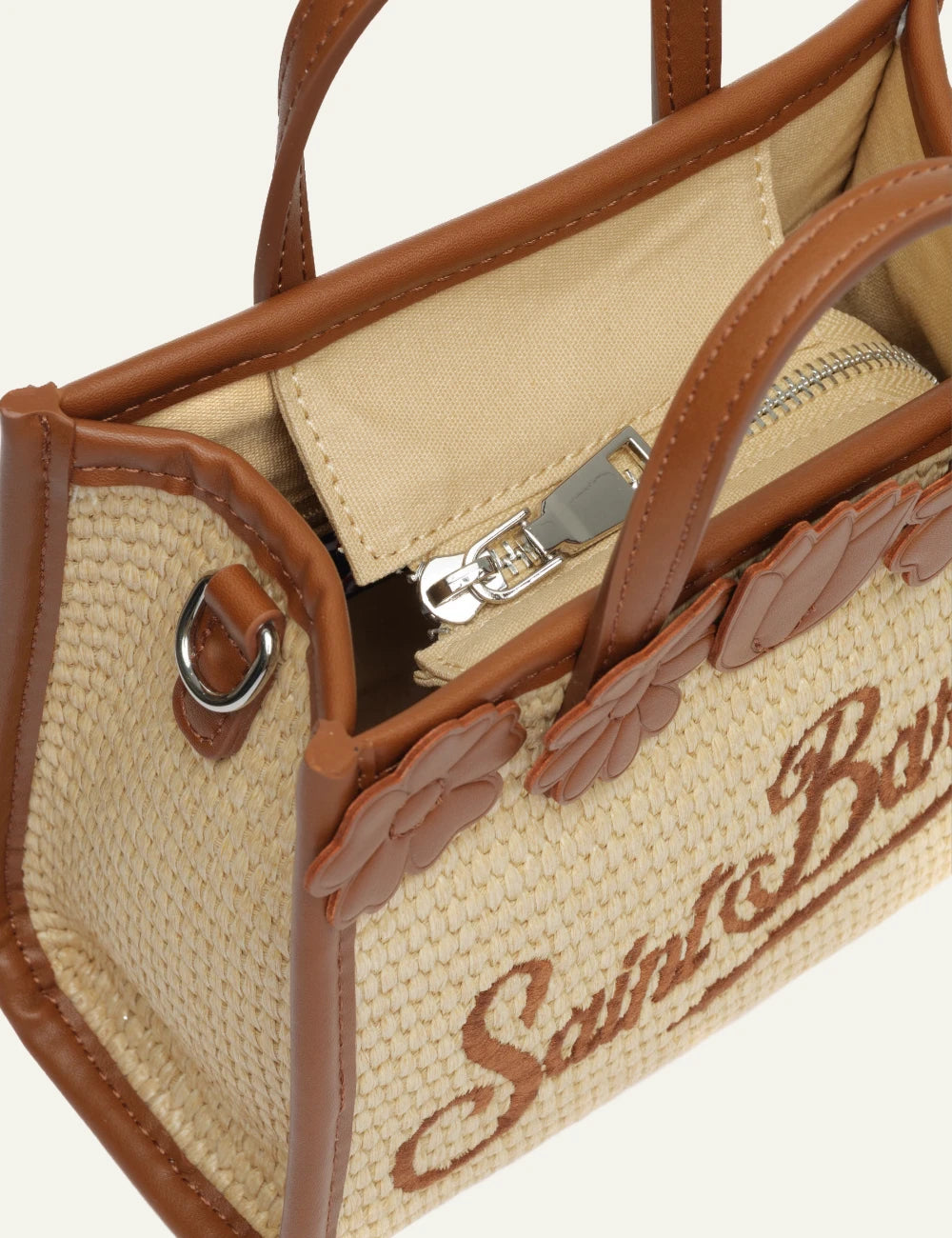 mc2 saint barth vivian mini straw bag beige brown floral top detail logo top view