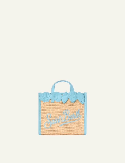 mc2 saint barth vivian mini straw bag beige light blue shell detail logo front view