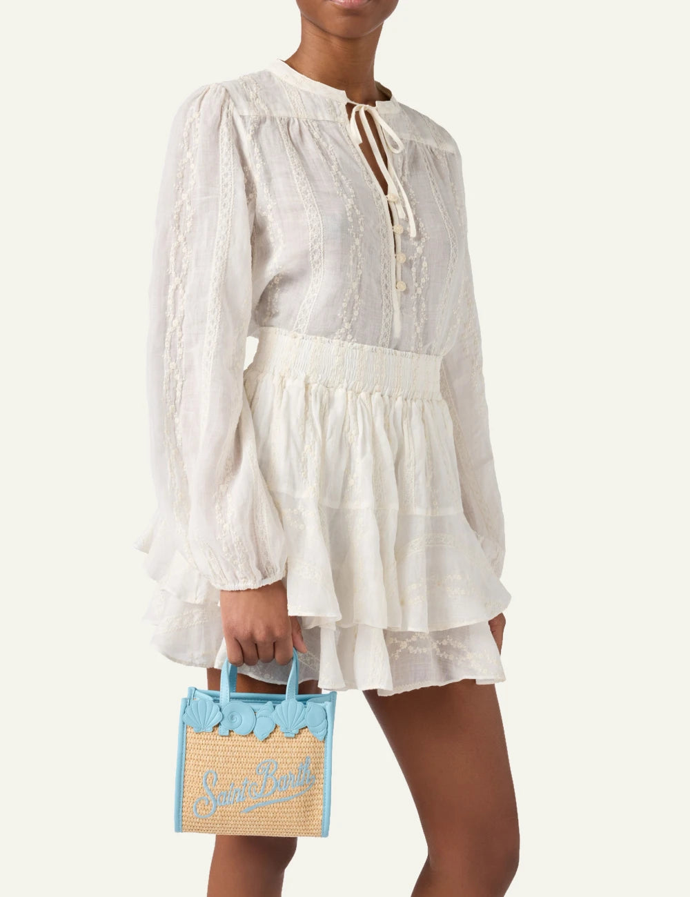 mc2 saint barth vivian mini straw bag beige light blue shell detail logo front model view