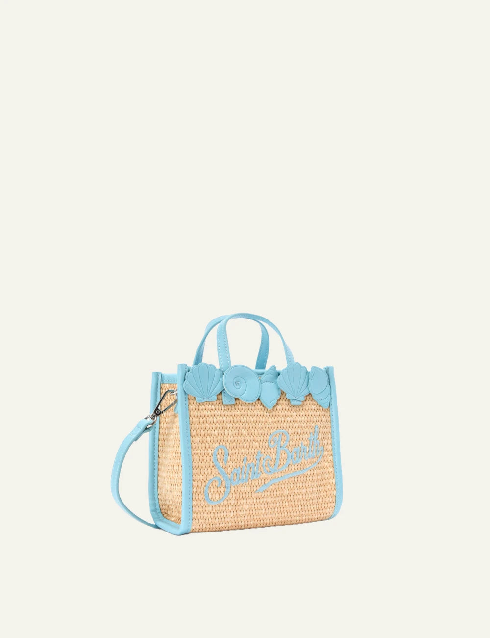 mc2 saint barth vivian mini straw bag beige light blue shell detail logo side view