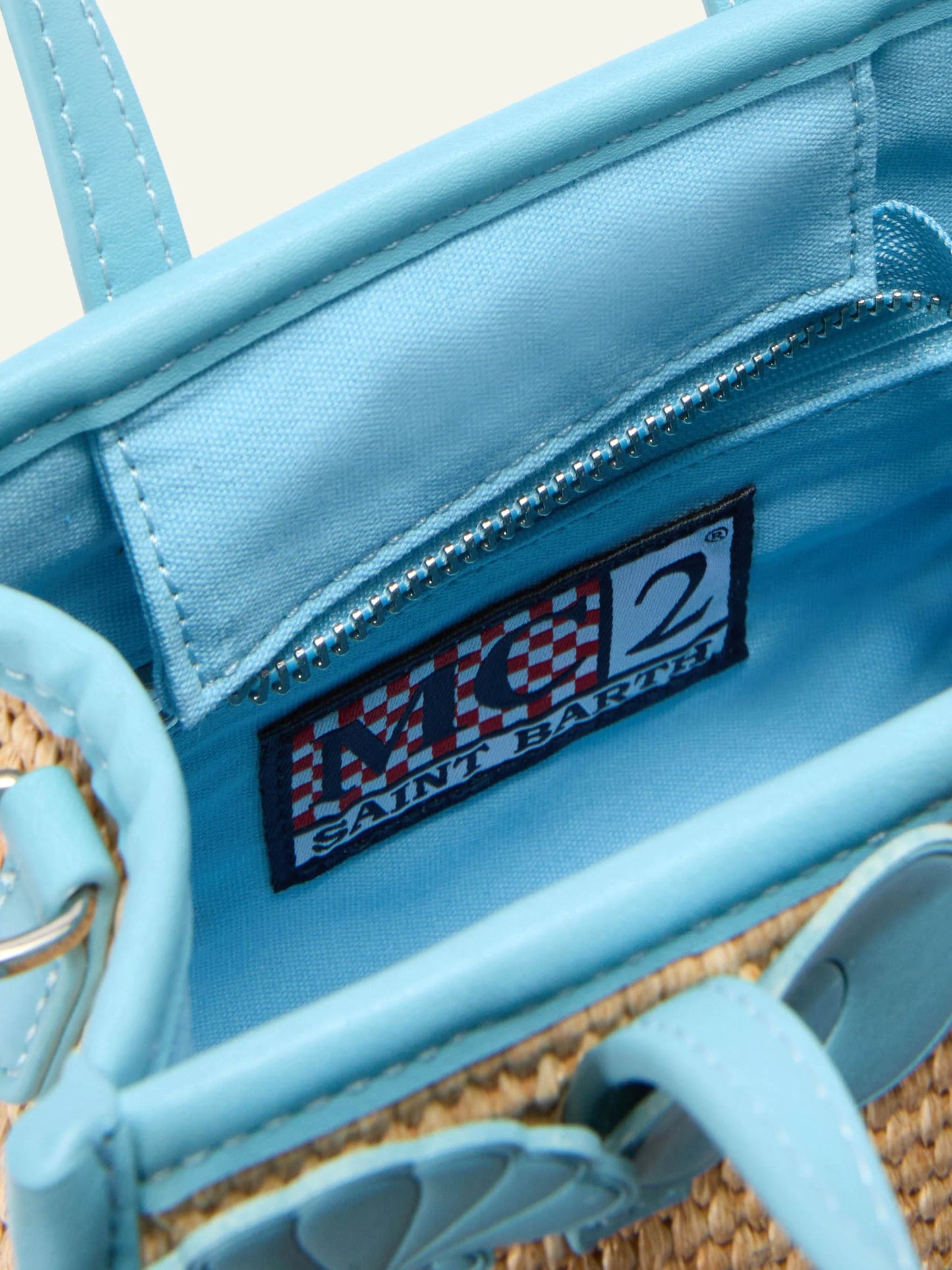 mc2 saint barth vivian mini straw bag beige light blue shell detail logo top view