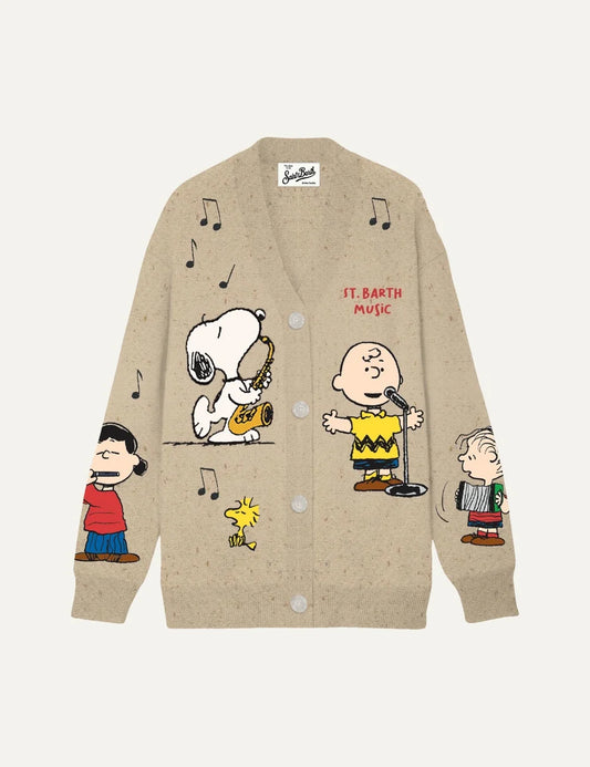 Mc2 Saint Barth beige knitted cardigan with Snoopy playing saxophone, Charlie Brown singing, Peanuts characters, musical notes and front buttons