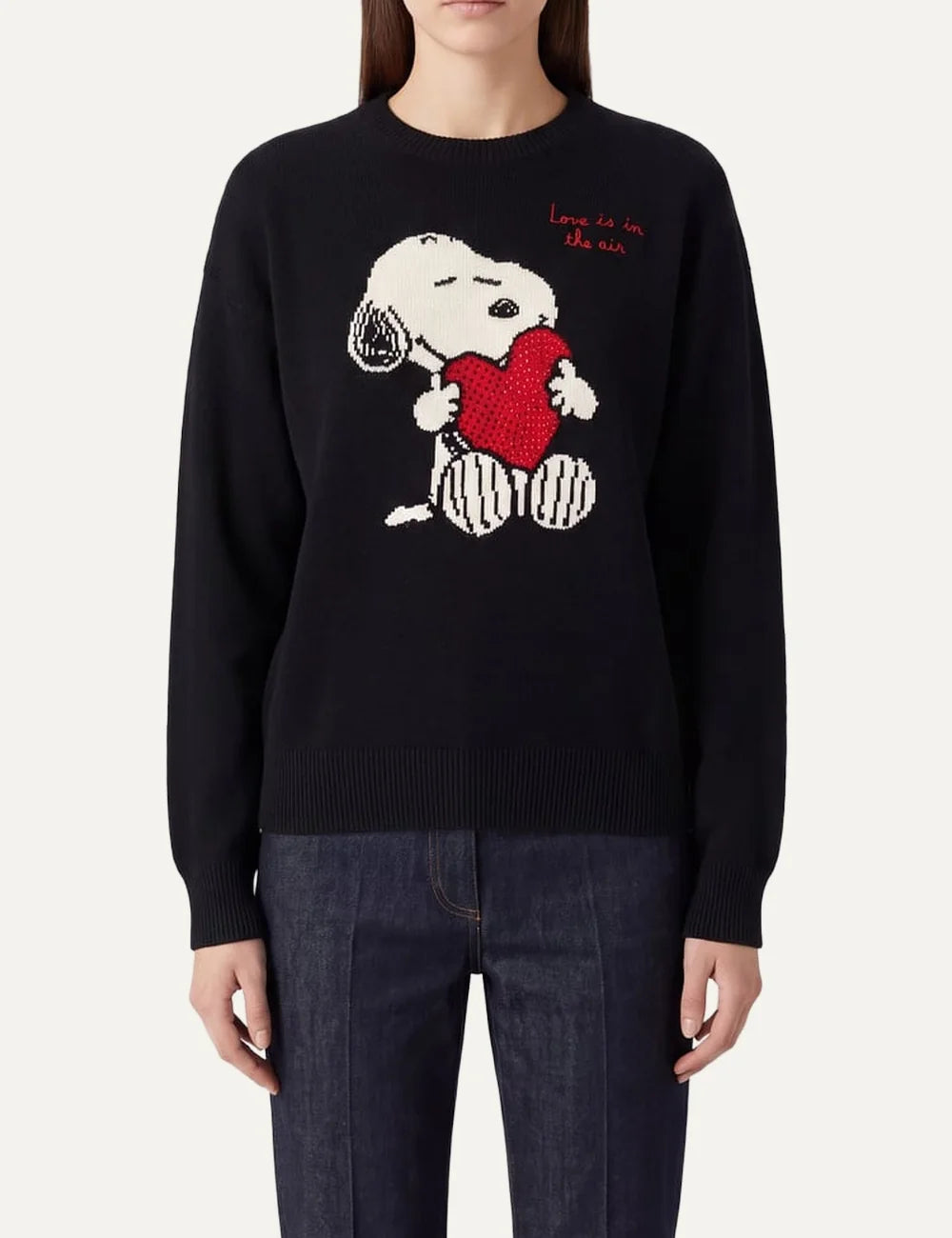 Mc2 Saint Barth black wool cashmere sweater with Snoopy holding a red heart, Love Is In The Air lettering and ribbed trims model