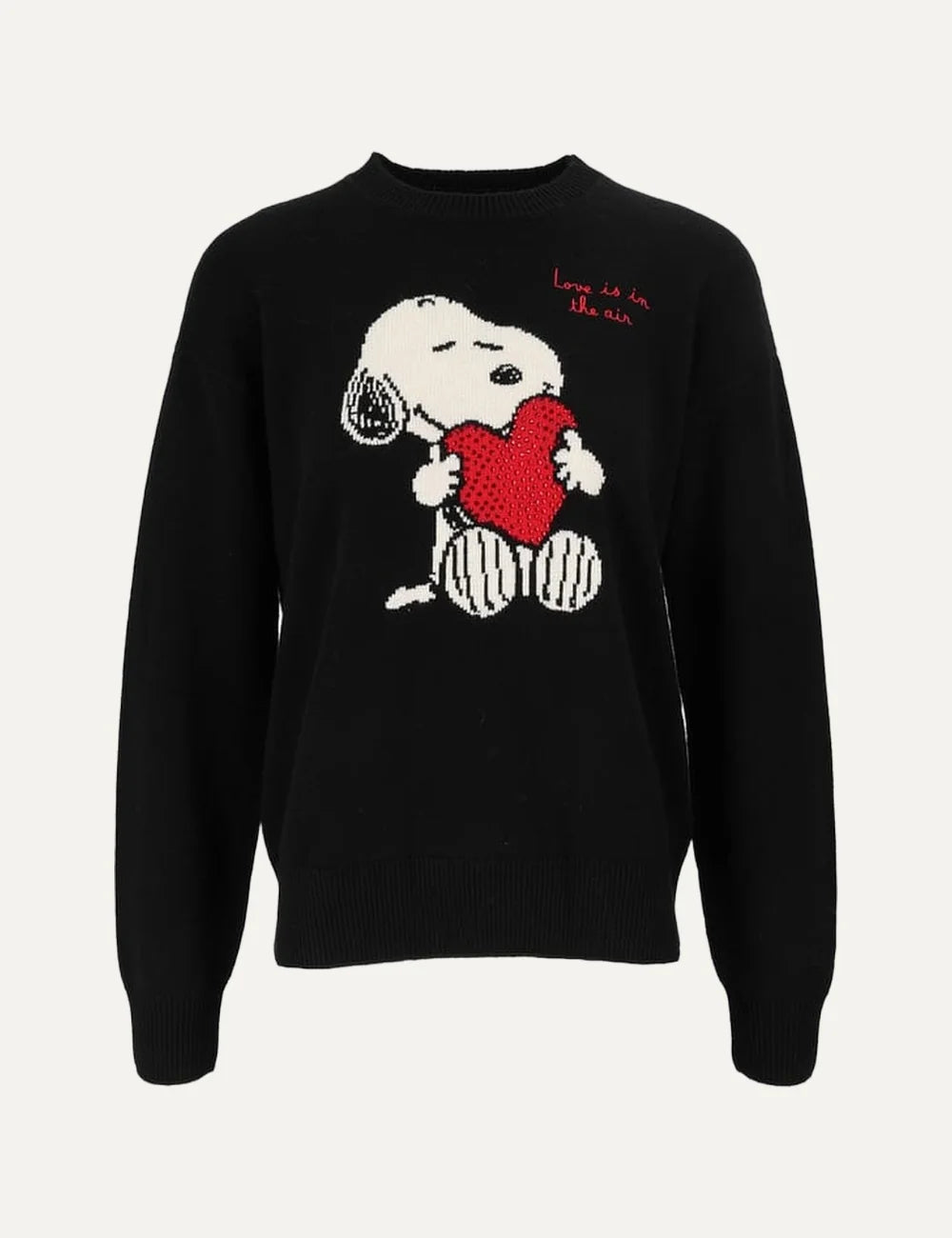 Mc2 Saint Barth black wool cashmere sweater with Snoopy holding a red heart, Love Is In The Air lettering and ribbed trims
