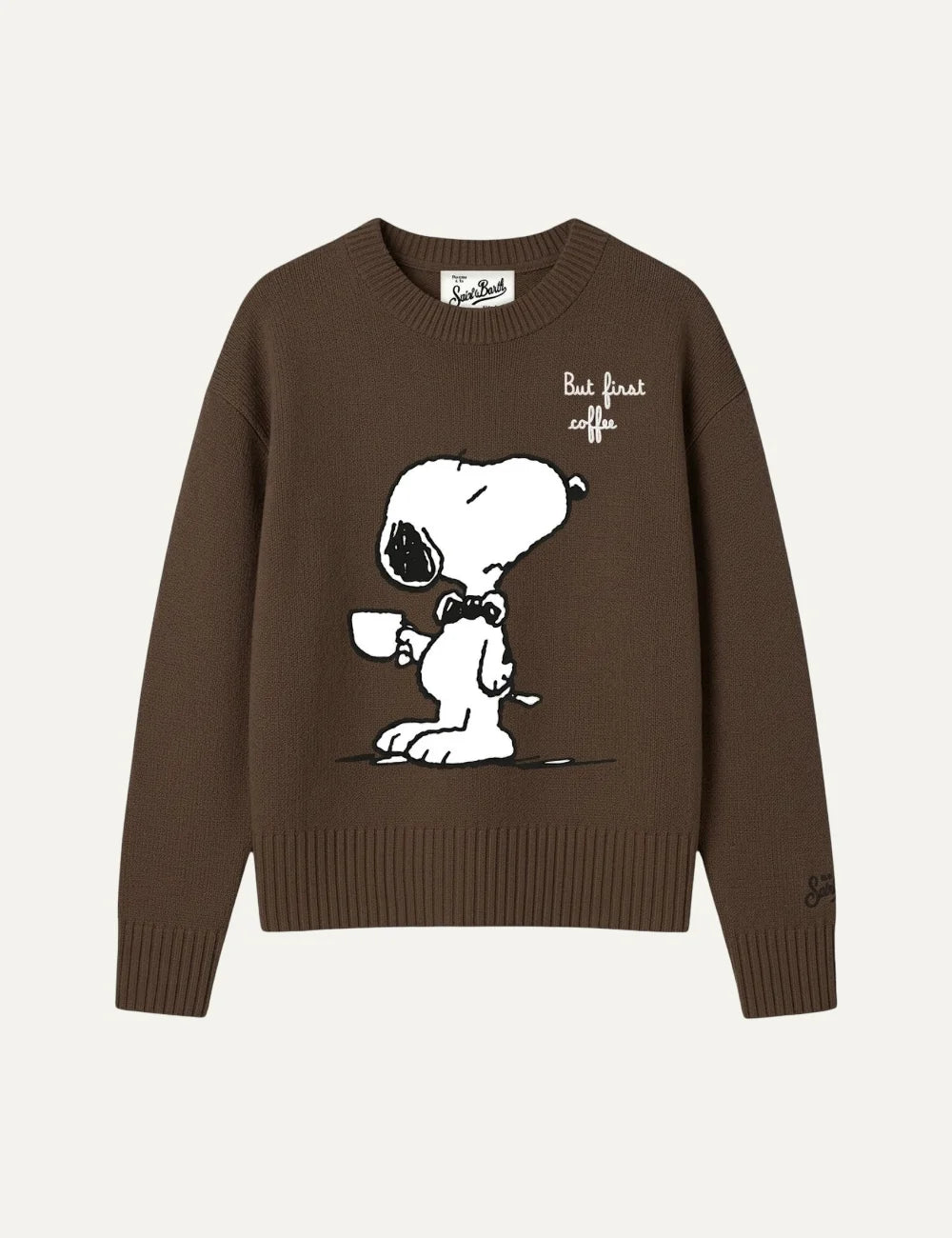 Mc2 Saint Barth brown wool cashmere sweater with Snoopy holding a coffee cup, But First Coffee lettering and ribbed trims