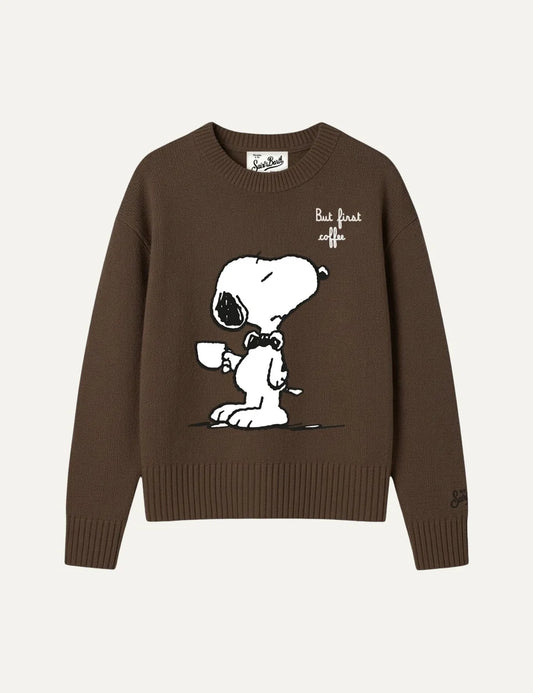 Mc2 Saint Barth brown wool cashmere sweater with Snoopy holding a coffee cup, But First Coffee lettering and ribbed trims